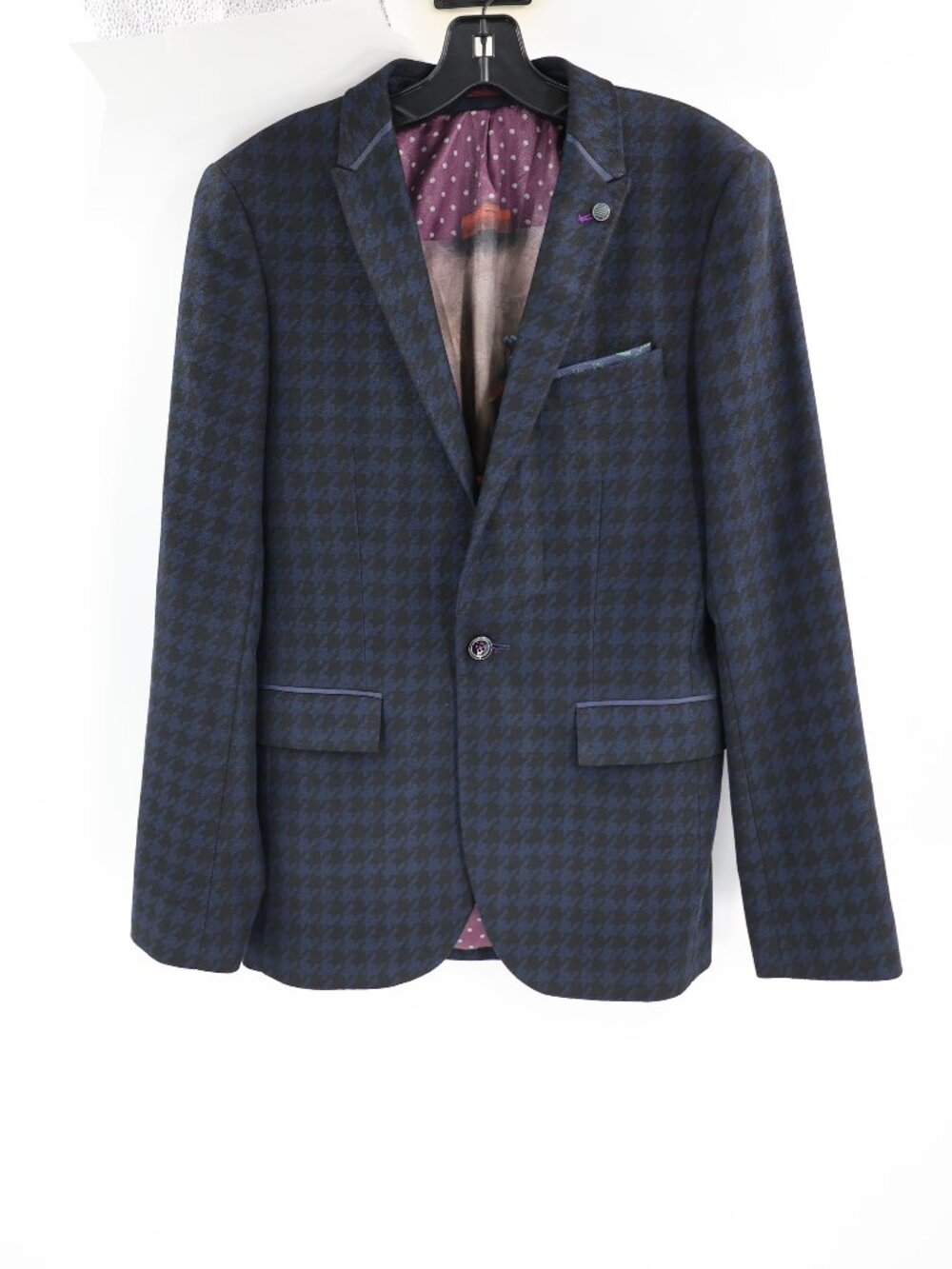 Ted Baker Sport Coat Men's 1 US 34 Houndstooth Peak Lapel Two Button Blazer Blue
